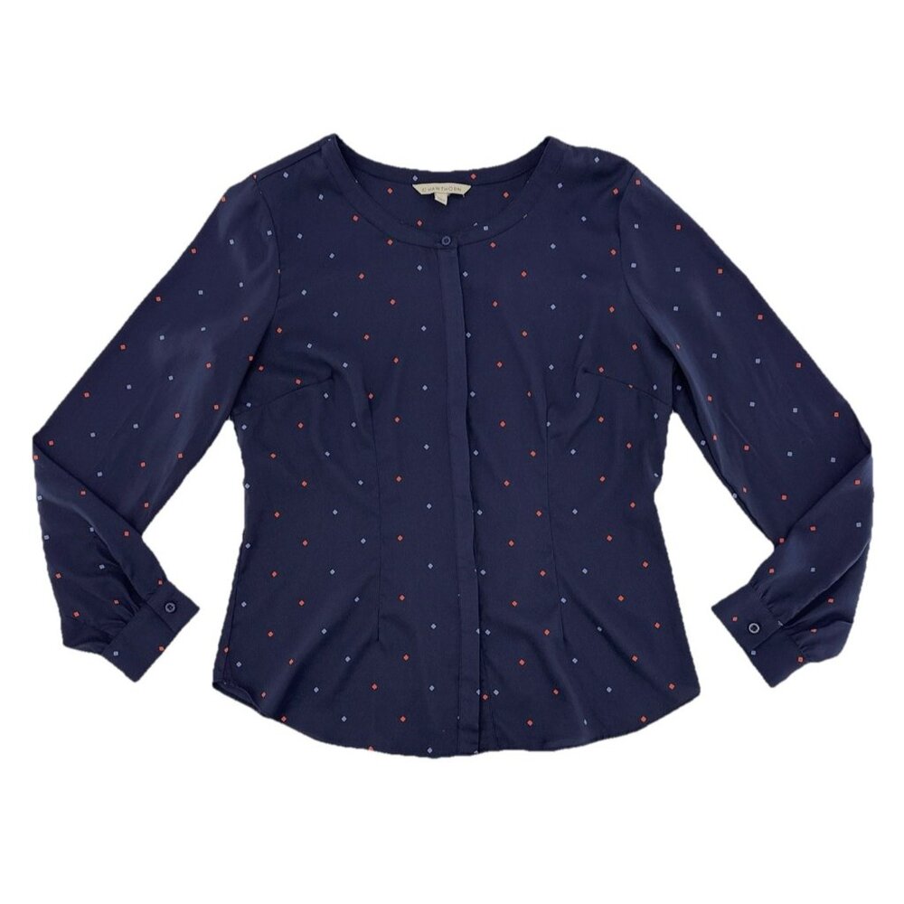 41 Hawthorne Navy Blue Geometric Button Chiffon Blouse‎ Sz L Career Office